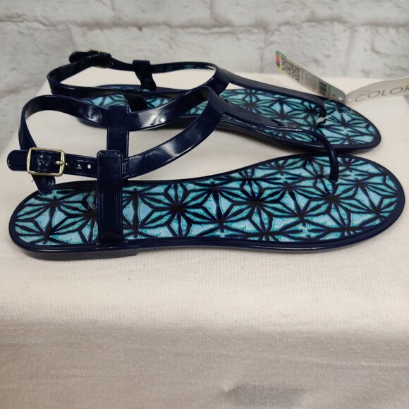 All for Color Jelly Sandals T strap Summer Blue Geometric Print Insole New Sz 8 - Picture 2 of 5